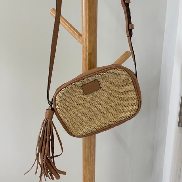 SCHUTZ Tan and Brown Woven Crossbody Bag with Leather Accents - Picture 1 of 4